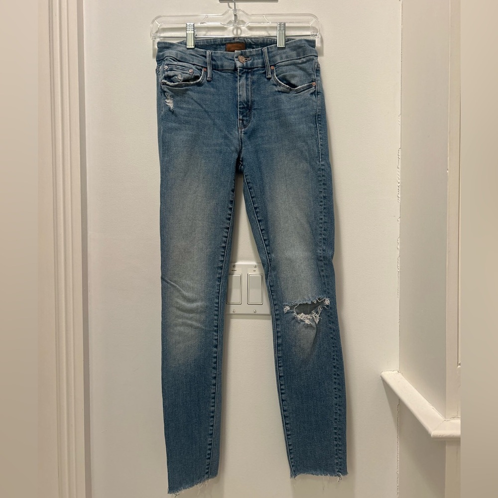 MOTHER Looker Blue Distressed Skinny Jeans